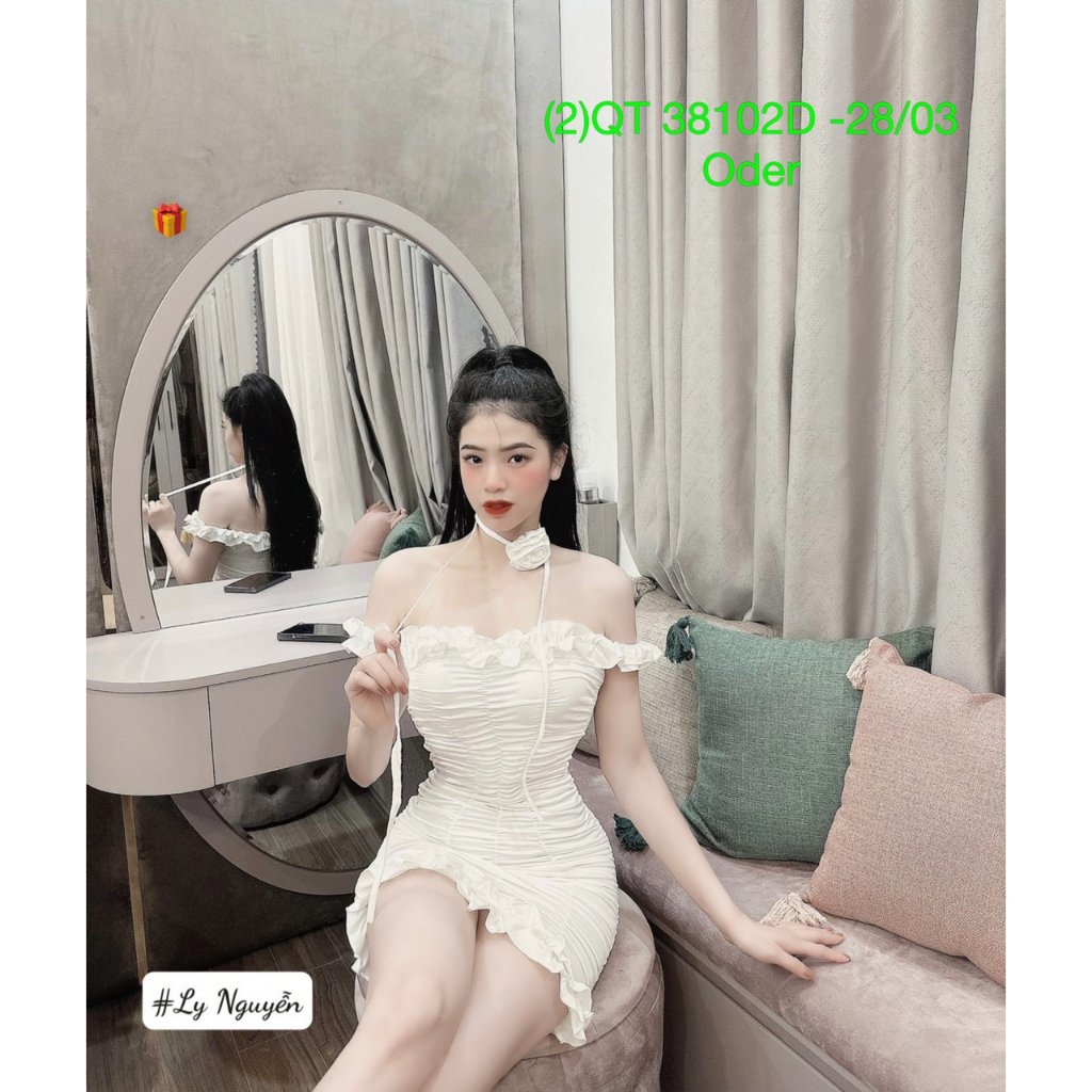Đầm kiểu nữ kèm hoa dáng ngắn ôm body chất thun gân kiểu nhúm tay dài trễ vai viền ren xinh
