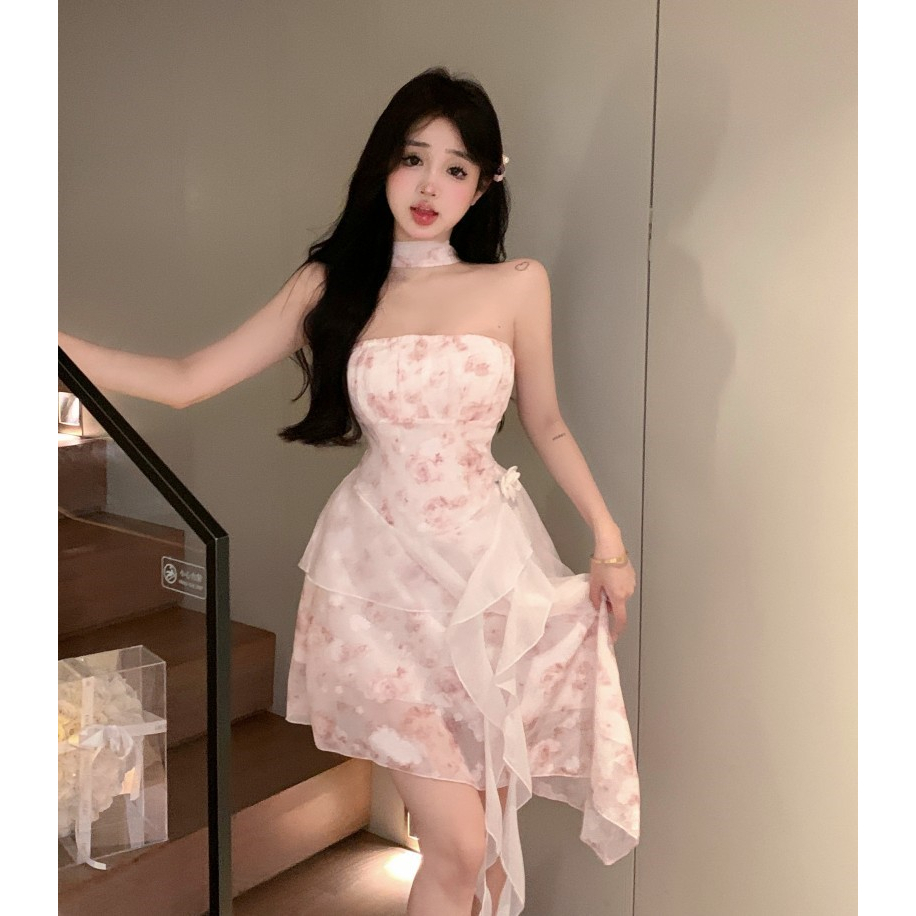 Đầm voan hoa hồng cúp ngực phối dây & lưới siêu xinh (chat để check hàng)