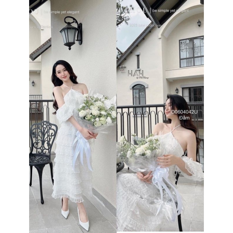 Đầm ren dáng dài tay rớt vai cổ yếm nhiều tầng chuẩn hình cực xinh!