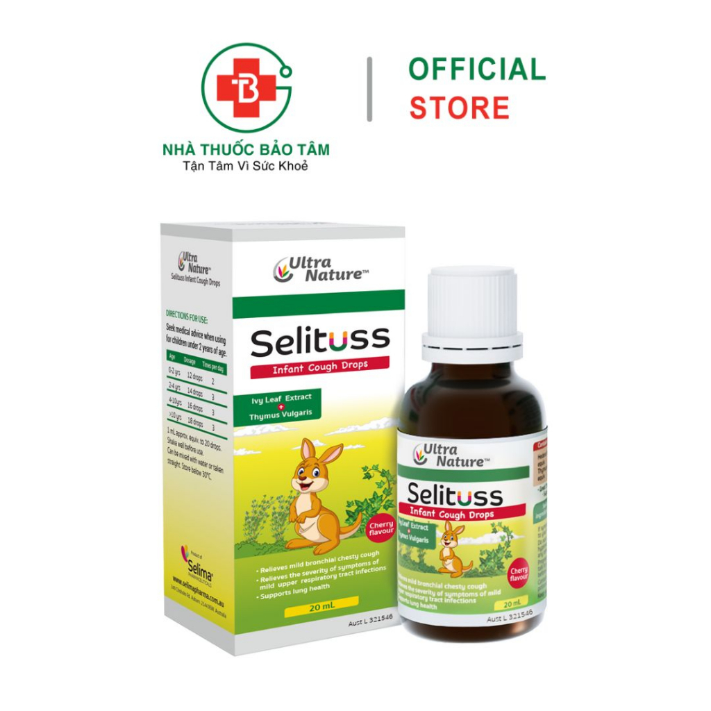 Siro ho Selituss 20ml, Hỗ trợ giảm ho, long đờm, giảm đau rát họng cho trẻ, nhập khẩu chính hãng Úc