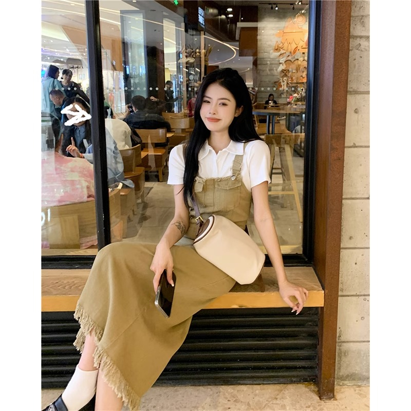 Set Đồ Nữ Yếm Váy Đầm Denim Dáng Dài Gấu Tua Rua Phong Cách Retro Phối Áo Thun Nữ Ngắn Tay Bộ Đồ Nữ Đi Chơi SD285