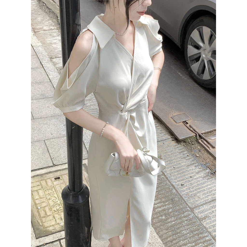 Váy sơ mi chữ A hở vai eo cao cho nữ thanh lich màu be