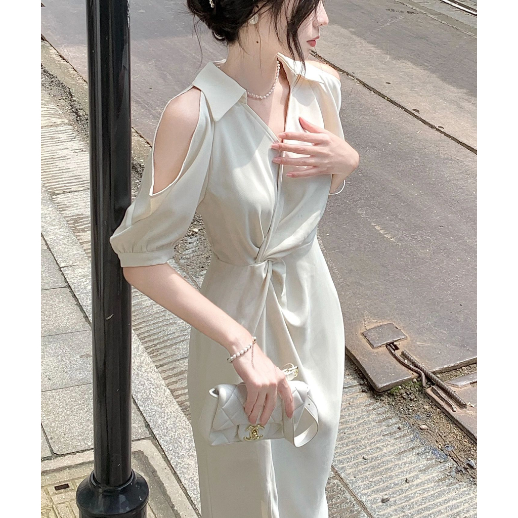 Váy sơ mi chữ A hở vai eo cao cho nữ thanh lich màu be