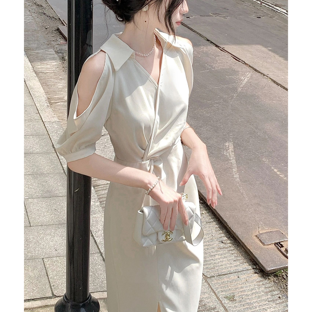 Váy sơ mi chữ A hở vai eo cao cho nữ thanh lich màu be