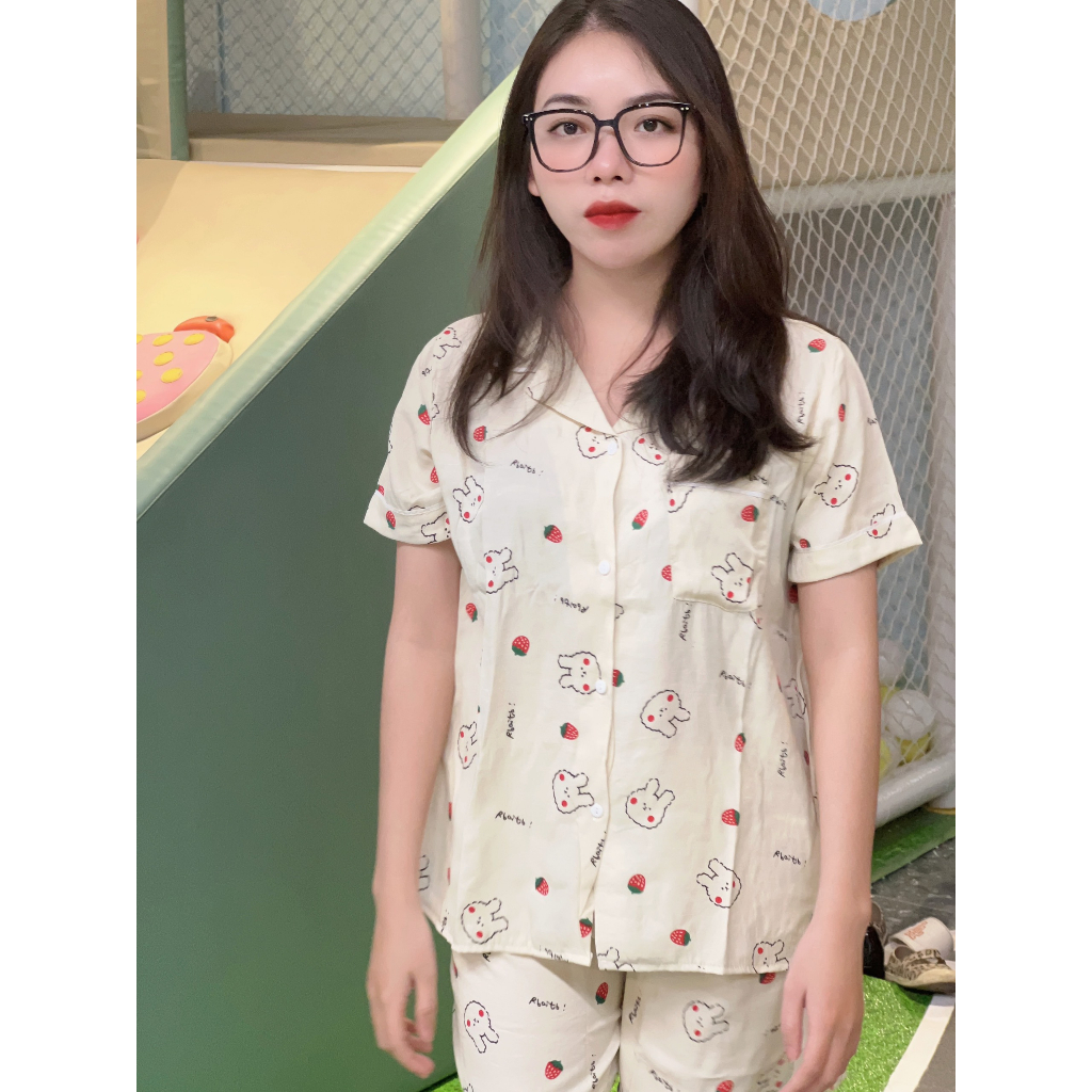 Bộ Pijama Cộc Tay Quần Cộc Đũi Mềm Họa Tiết Xinh Xắn Lịch Sự Hottrend 2023 LYNCHAN09