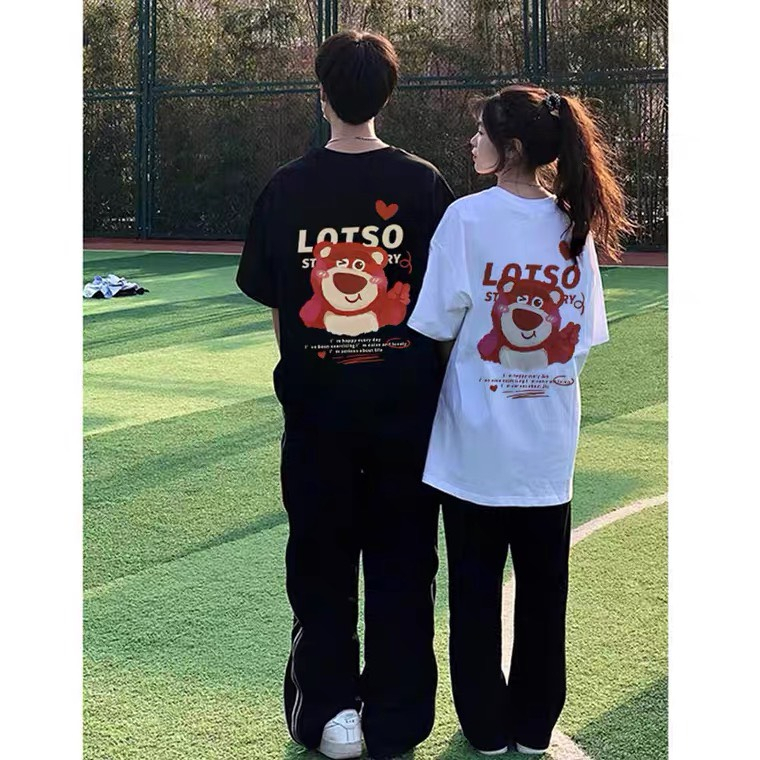 Áo Thun Cặp Gấu Dâu In Hai Mặt Màu Trắng Nam Nữ Unisex
