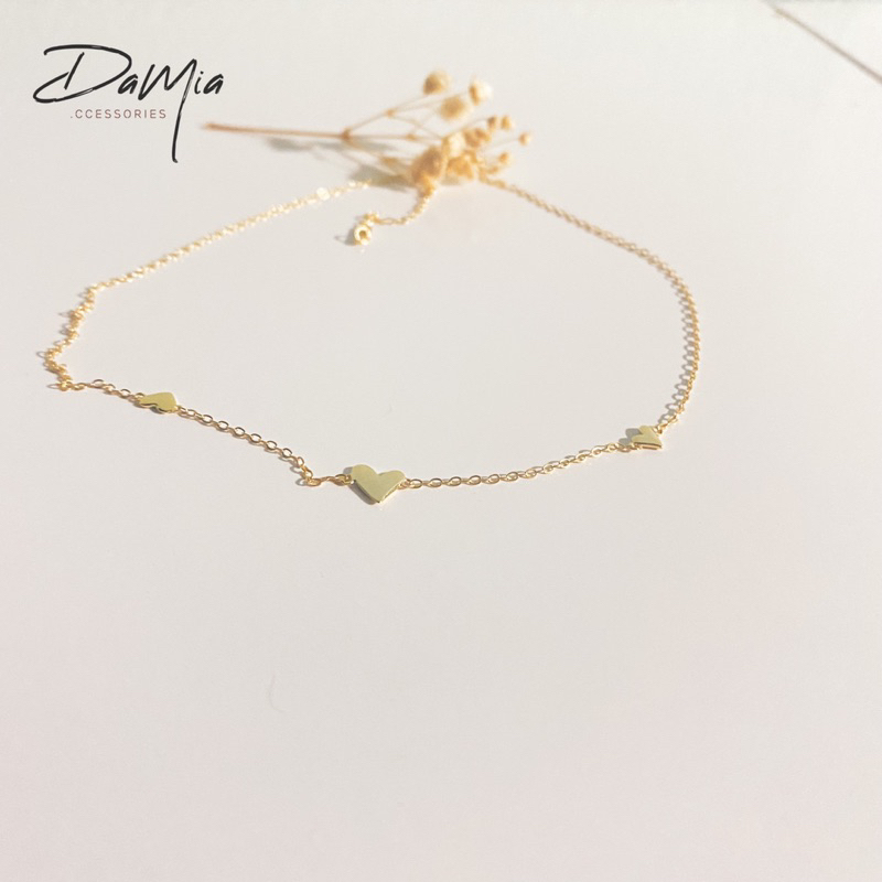 Dây chuyền, vòng cổ Damia kiểu 3 trái tim. Chất liệu bạc 925 mạ vàng 14k. Cam kết không gỉ, không dị ứng da - DC02