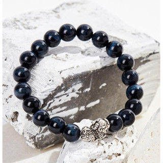 Vòng tay nam đá mắt hổ xanh dương charm bạc S925 tài lộc, năng lượng phong thủy Udumbara