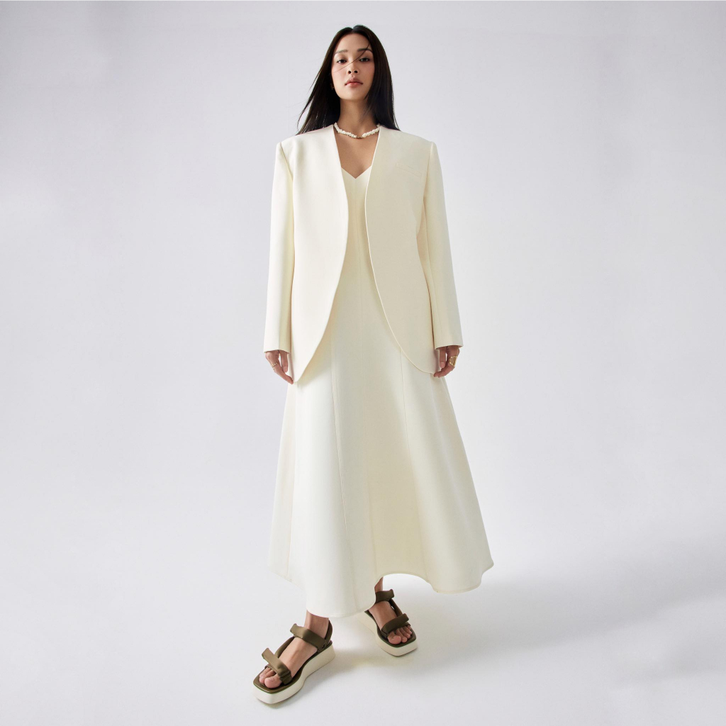 REINA - Twill Blazer without lapels - Pleated twill wide-leg pants