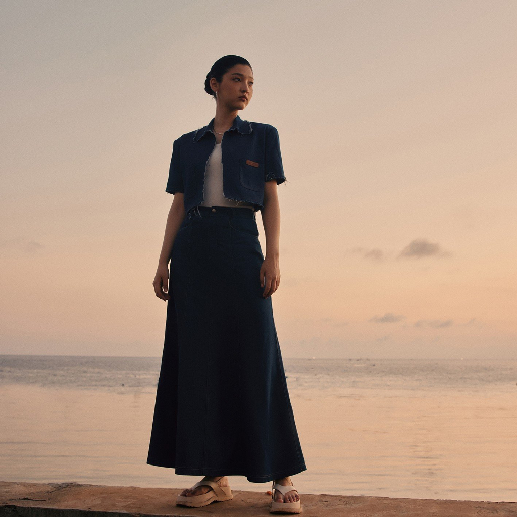 REINA - Denim top - Embellished Fish-tail Denim Maxi Skirt