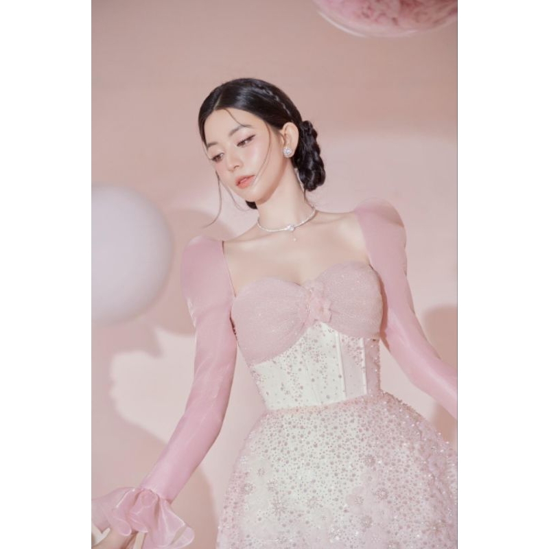 Đầm thiết kế cúp phối tay dài mix màu cực ngọt đính hoa kim sa đi tiệc,cưới,sinh nhật đều xinh-mochouse83