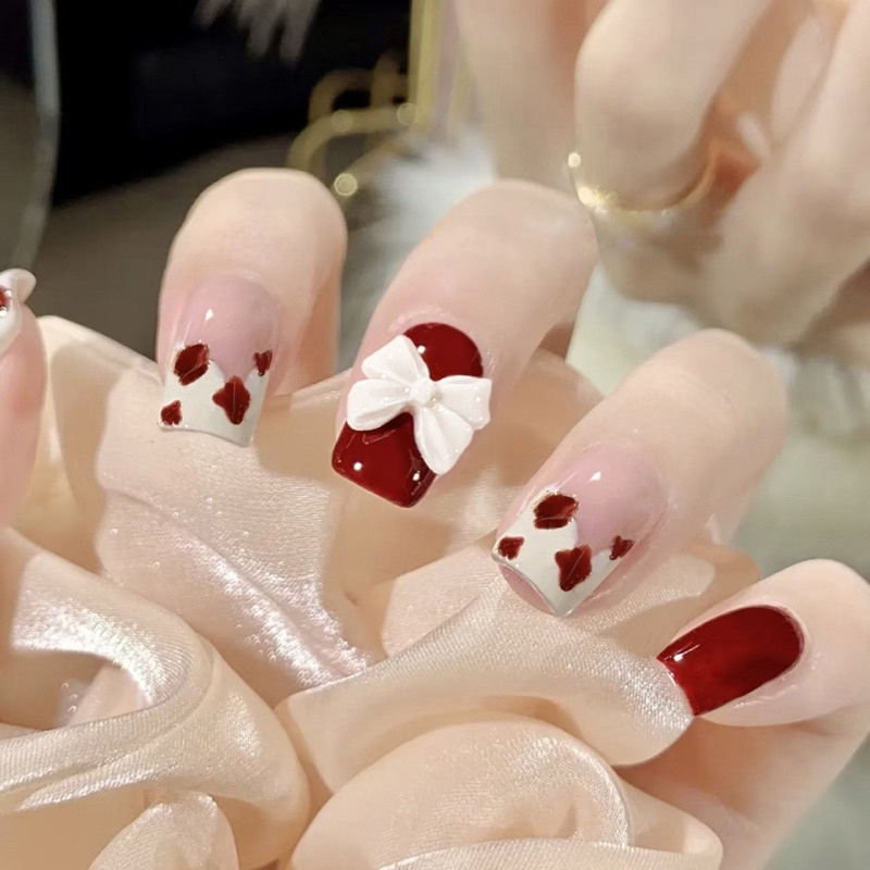 Set 24 móng tay giả ngắn đính nơ [Tặng kèm chai keo + dũa móng]