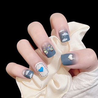 Set 24 móng tay giả xanh ngắn đính nơ