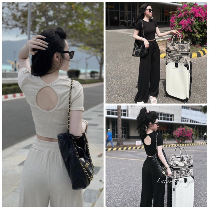Set Bộ Đồ Nữ Áo Croptop Côc Tay Khoét Lưng Mix Quần Ống Suông Rộng Freesize Minhthushop 1981
