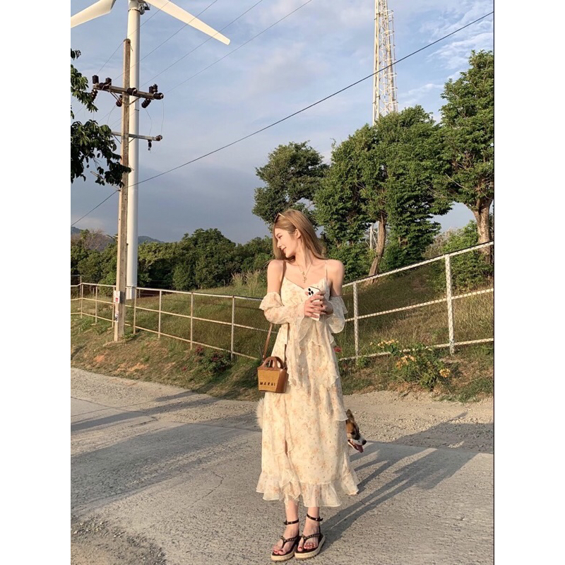 VÁY MAXI HOA NUDE CỔ V BÈO NHIỀU BÈO
