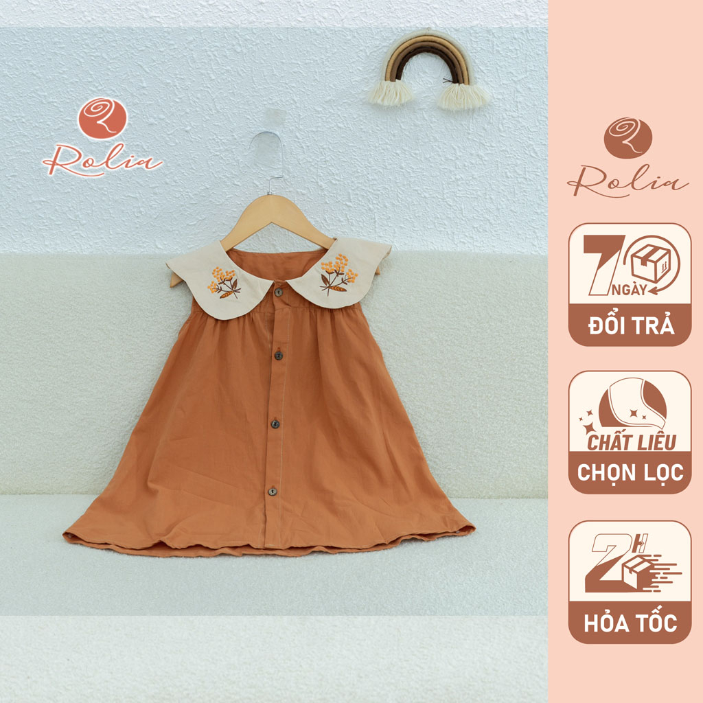 Váy đầm sát nách bé gái ROLIA chất thô cotton Hàn cao cấp cổ bẻ thêu hoa cho trẻ từ 2-10 tuổi V144