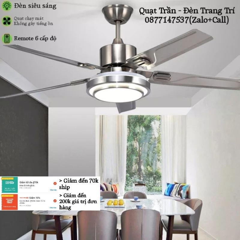 Quạt Trần Đèn , Quạt Trần 5 Cánh Trang Trí Phòng Khách Điều Khiển Từ Xa 6 Cấp Độ Gió ,Động Cơ DC 90W INOX(Bảo Hành 5 Năm