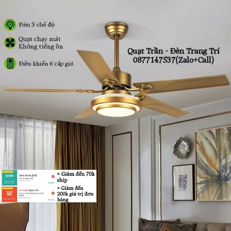 Quạt Trần Đèn ,Quạt Trần 5 Cánh Trang Trí Phòng Khách Điều Khiển Từ Xa 6 Cấp Độ Gió ,Động Cơ DC 90W V800[Bảo Hành 5 Năm}