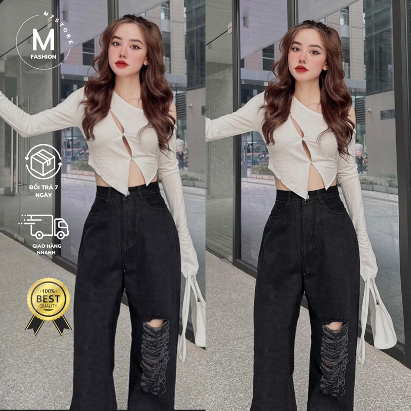 Quần Jean Nữ Ống Rộng Rách Gối M7 800 Màu Đen Dáng Suông Chất Bò Dày Dặn