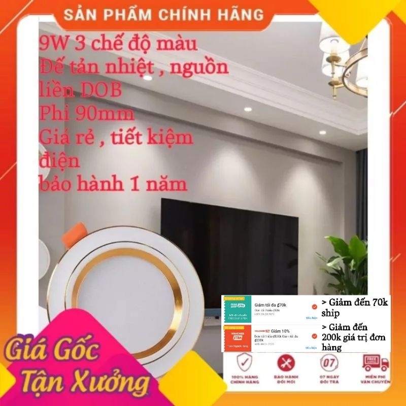 Đèn led âm trần 9w 3 chế độ màu , phi 90 , đế tản nhiệt nhôm , viền vàng nguồn liền (DOB) giá rẻ [ Bảo hành 1 Năm ]