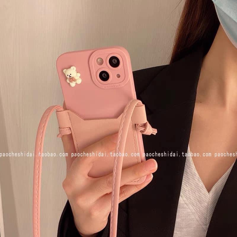 Ốp lưng ip pro camera màu hồng kèm túi đeo hoạ tiết sticker hồng cute dành cho ip - TENCASESHOP