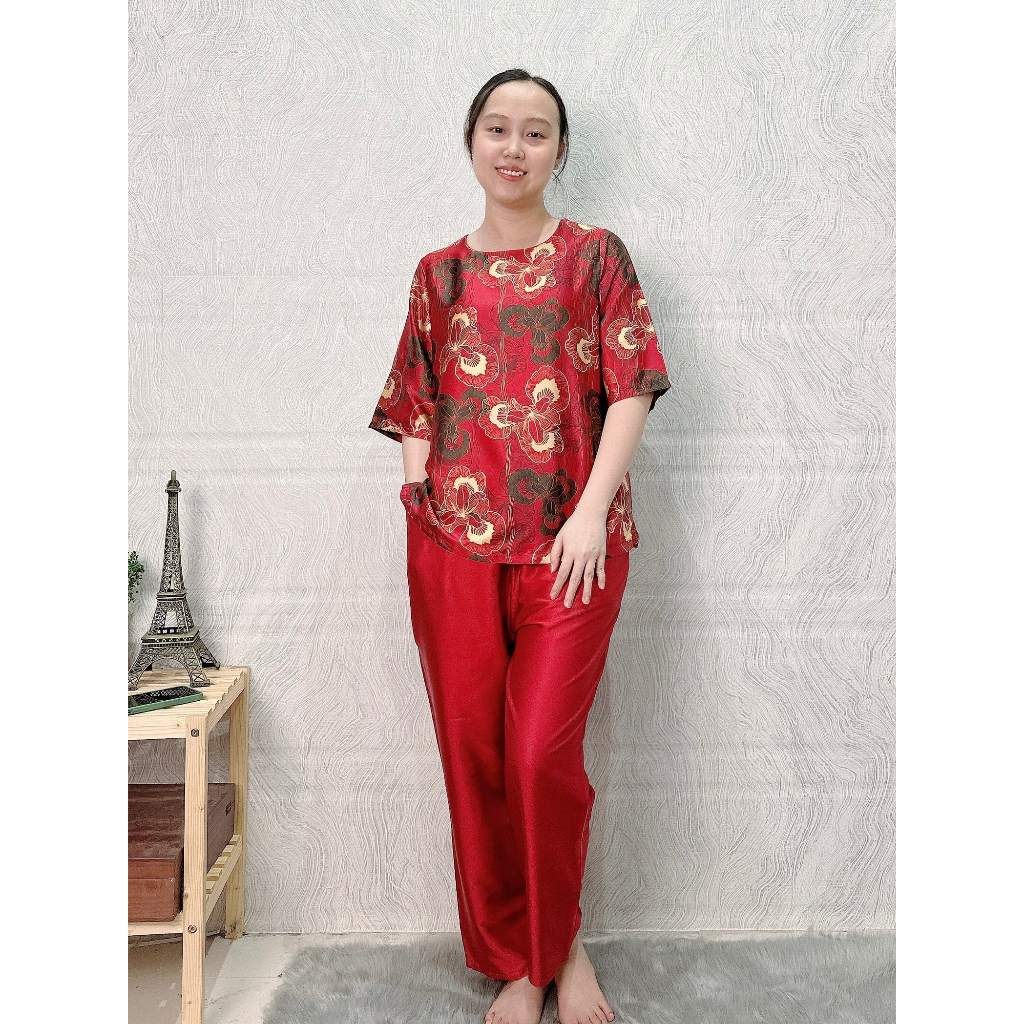Đồ bộ mặc nhà trung niên lụa Tơ Tầm tay lở, quần ống suông, dài 9 tấc, đồ mặc nhà trung niên size lớn từ 50 - 75 kg N8