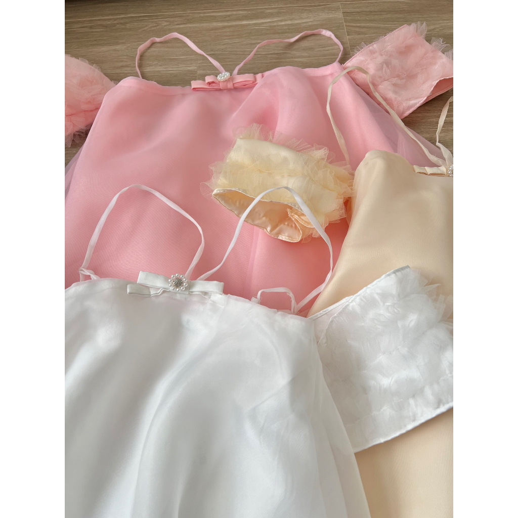 Váy áo babydoll dáng rộng, váy tiểu thư dự tiệc, váy trễ vai bồng vải voan ulzzang full 3 màu Hồng Trắng Be freesize 57k