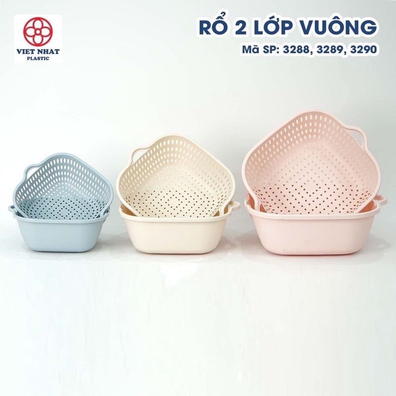 Bộ thau rổ vuông 2 lớp Việt Nhật 6 món - set 3 cặp rổ chậu nhựa nhà bếp