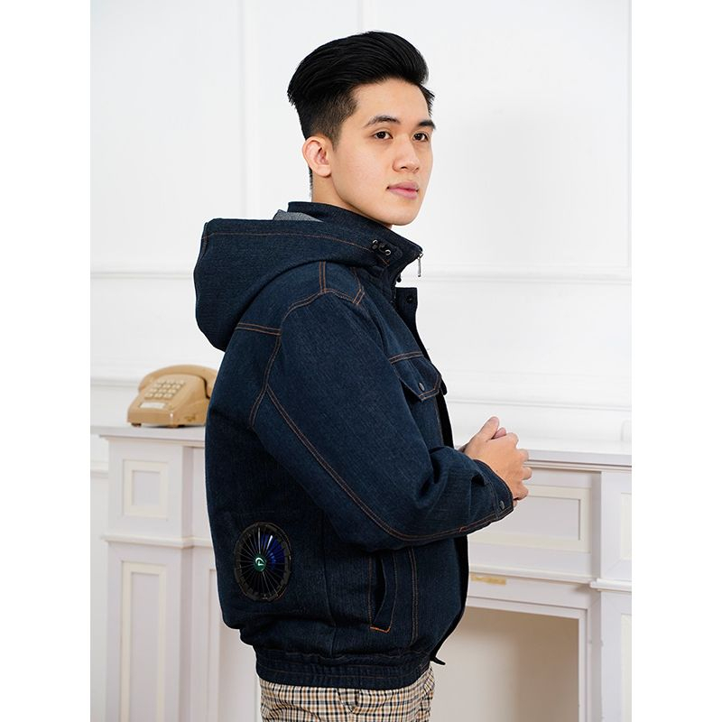 Áo điều hòa Nhật Bản vải bò denim pin quạt 12V dung lượng 24000mah, áo quạt gió JW