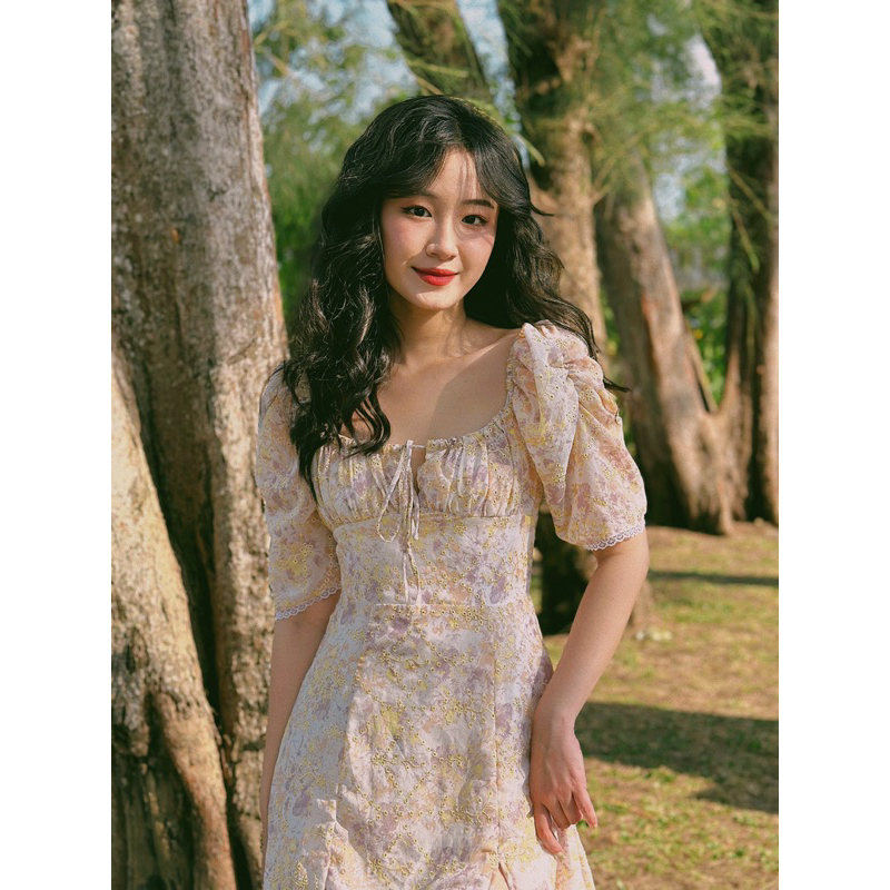 Đầm dài xẻ tà tay phồng kiểu đồng quê nước Pháp - MEMOIRE DRESS