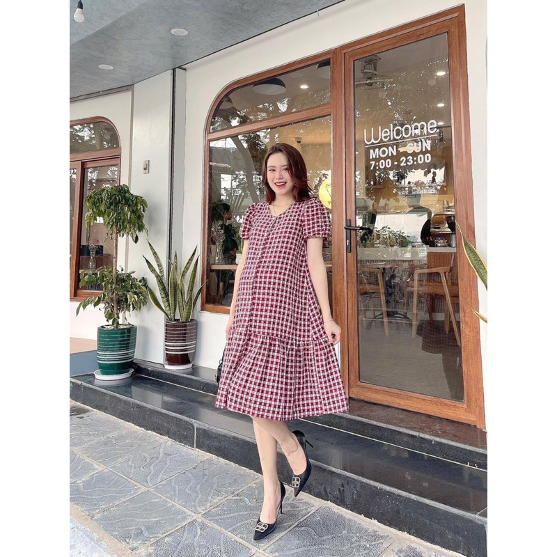 Đầm babydoll tay bồng kẻ đỏ mận đuôi cá - Váy bầu công sở thanh lịch dáng dài dạo phố xinh xắn kẻ đỏ