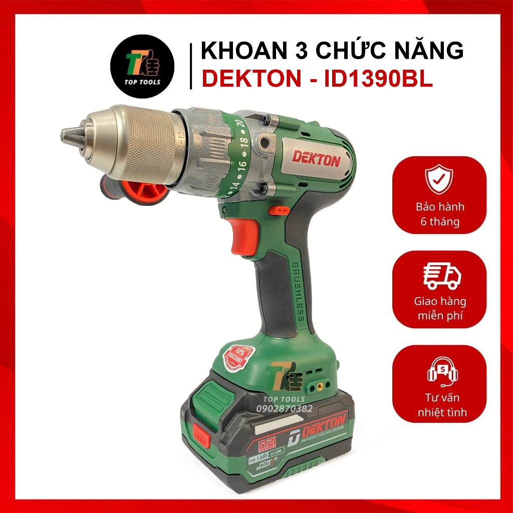 Máy khoan Pin, Khoan Pin Dekton ID1390BL, Đầu kẹp 13mm có khoá lock tay, lực 90nM, Chân Pin M21 thông dụng