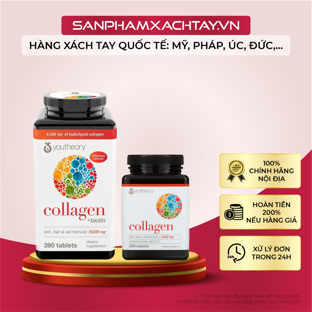 Viên uống bổ sung collagen Youtheory Collagen Type 1,2,3 - Làm mờ nếp nhăn, chậm quá trình lão hóa - Hộp 290/390 viên