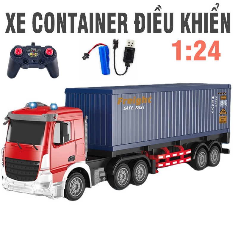 Xe đầu kéo container, xe công trình điều khiển từ xa mô hình tỉ lệ 1:24 xe cỡ lớn bằng nhựa pin sạc 3.7v 14500 500mah