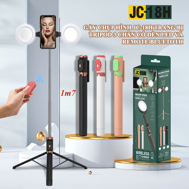 Gậy chụp ảnh 3 chân, Gậy tự sướng có đèn trợ sáng, Bluetooth điều khiển từ xa JH18C, Gậy selfie, Chụp hình kéo dài 1m7