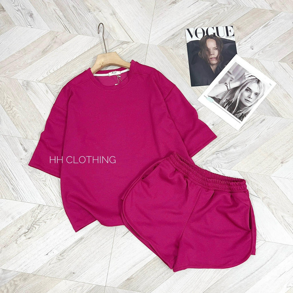 Đồ Bộ mặc nhà cộc tay chất cotton màu hồng- set áo thun tay lỡ kèm quần short đùi cạp cao phong cách hàn quốc