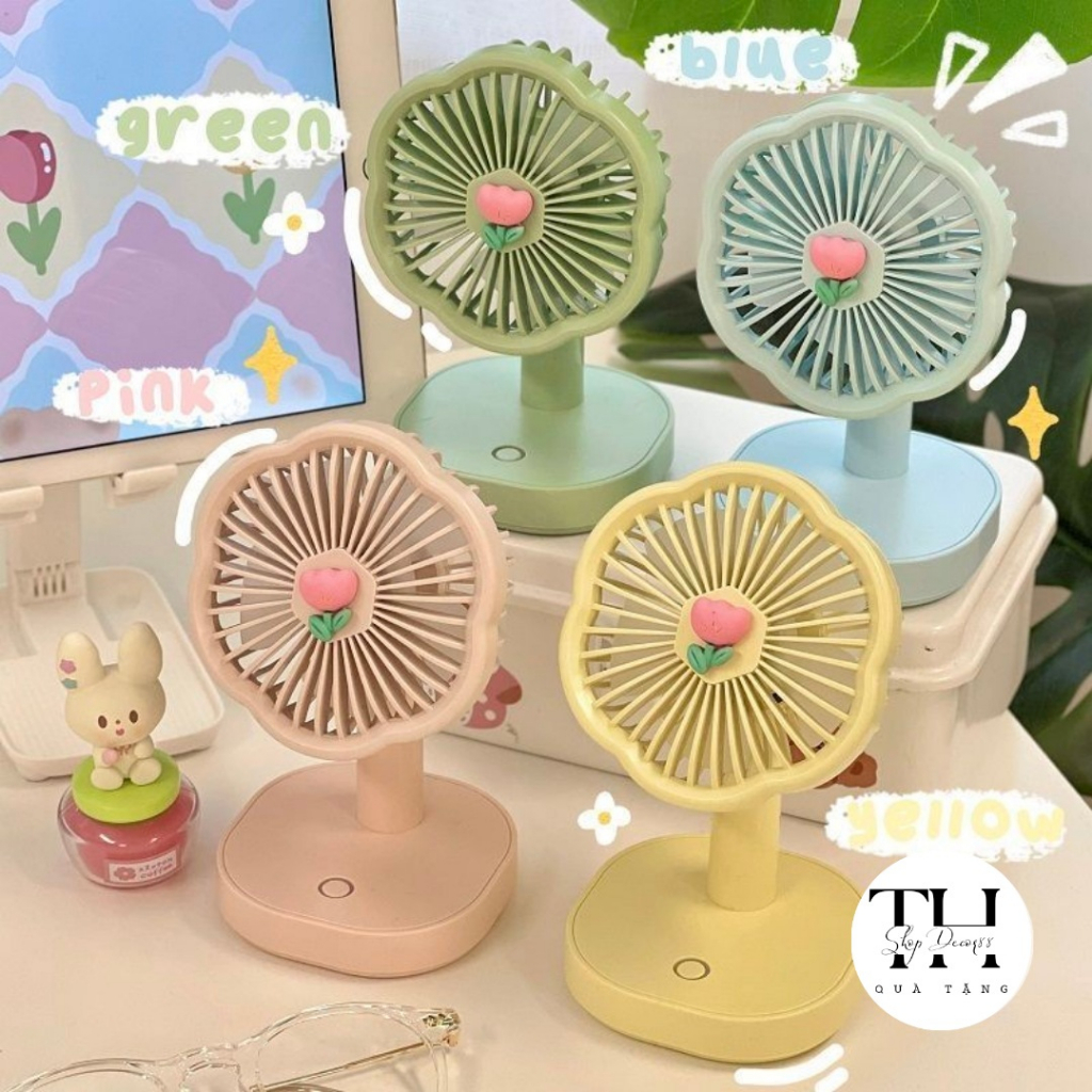 Quạt Mini Để Bàn Có Đèn Led 3 Nấc Điều Chỉnh Tốc Độ, Quạt Tích Điện Sạc USB Có Sticker Đáng Yêu, Nhiều Màu Sắc