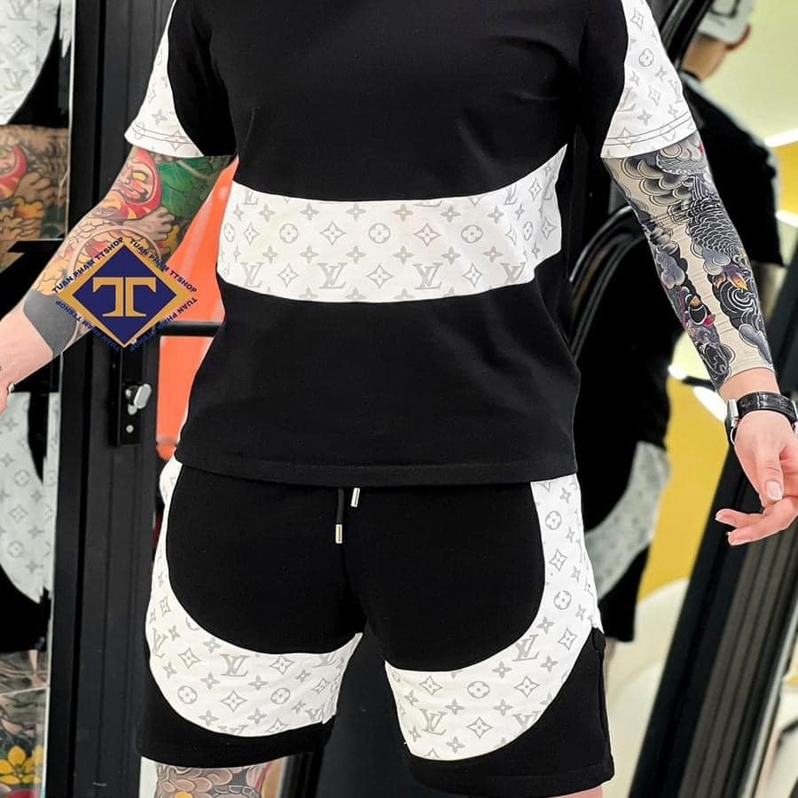 Bộ Thể Thao Hè Cổ Tròn Nam Phối LVV Quần Áo Đồng Màu Cá Tính, Chất Liệu Cotton Co Dãn 4 Chiều Cao Cấp Mềm Mịn