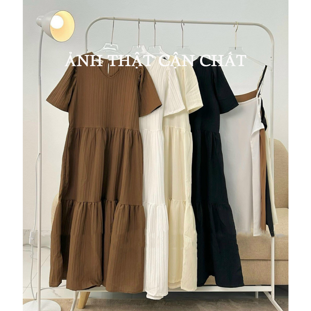 Váy nữ xinh, Váy babydoll cộc tay xếp tầng chất vải gân kèm yếm lót trong xinh xắn | BigBuy360 - bigbuy360.vn