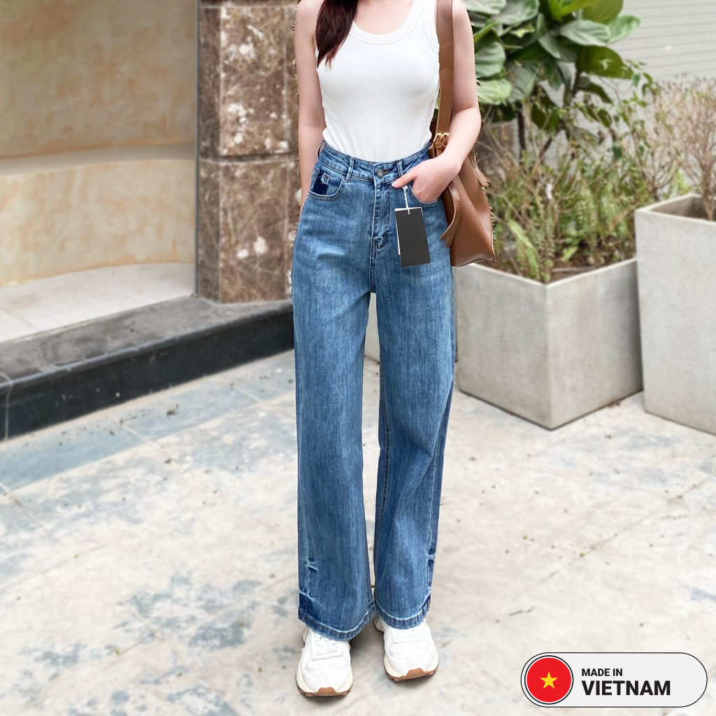 Quần jean ống suông, Quần bò nữ ống suông lưng cao co giãn phối túi sau rách RA25, LANA Studio