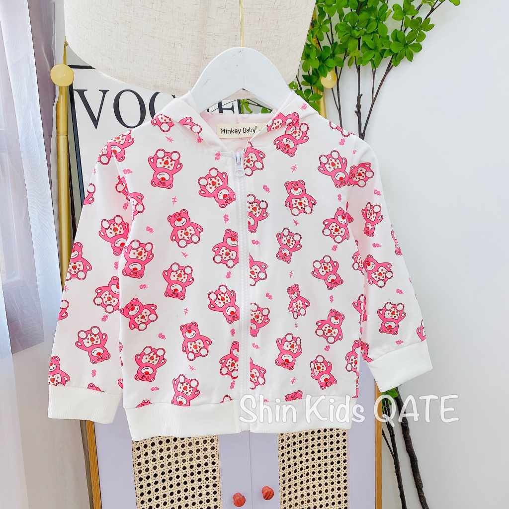 Size  Áo khoác bé gái Minkey Baby in hình Gấu DÂu siêu xinh chất cotton mềm,mịn,mát dành cho bé.