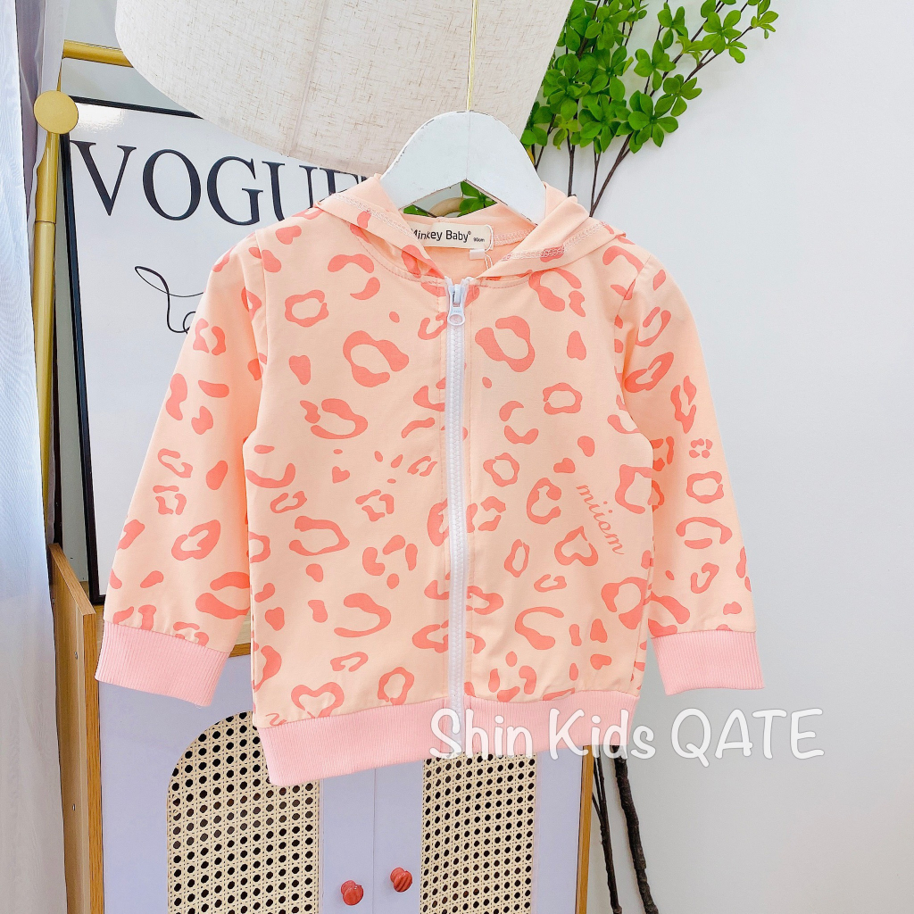 Size  Áo khoác bé gái Minkey Baby in hình Gấu DÂu siêu xinh chất cotton mềm,mịn,mát dành cho bé.