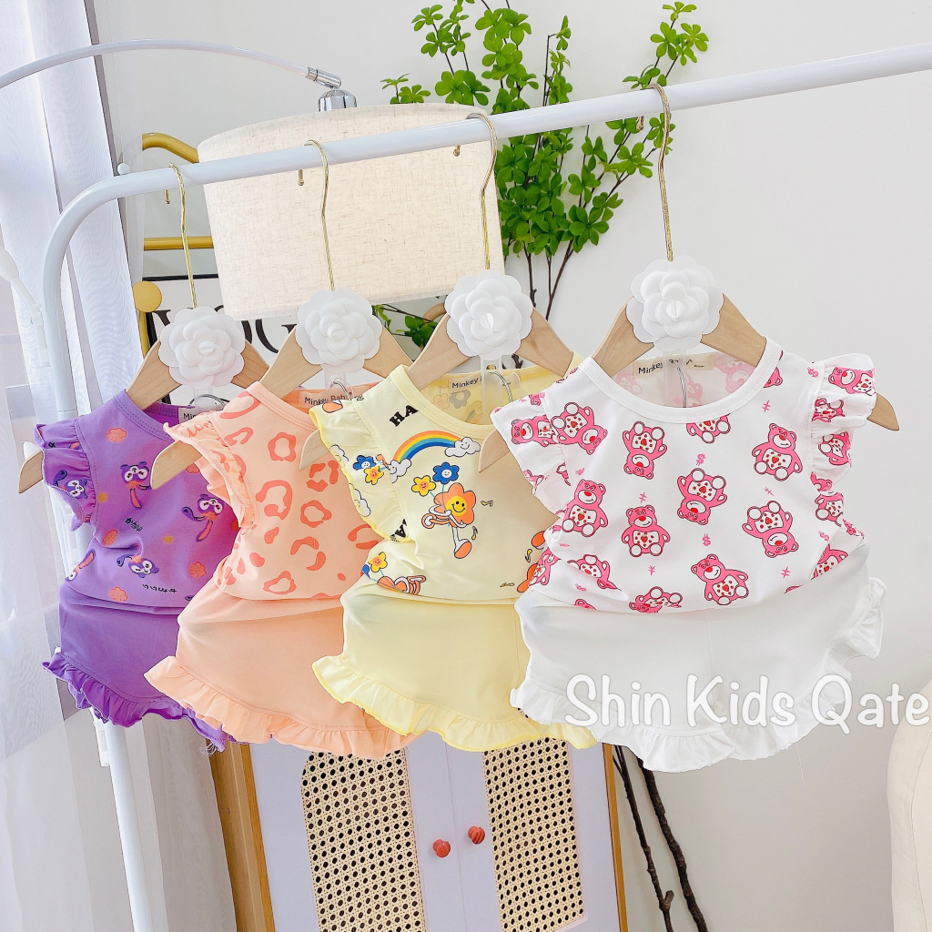Full Size  Set Bé Gái Áo Cánh Tiên Quần Bèo Chất Cotton In Hình Siêu Xinh Dành Cho Bé