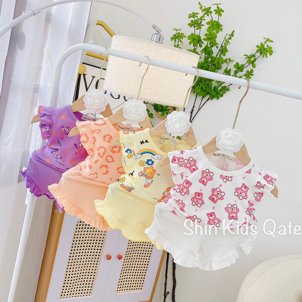 Full Size  Set Bé Gái Áo Cánh Tiên Quần Bèo Chất Cotton In Hình Siêu Xinh Dành Cho Bé