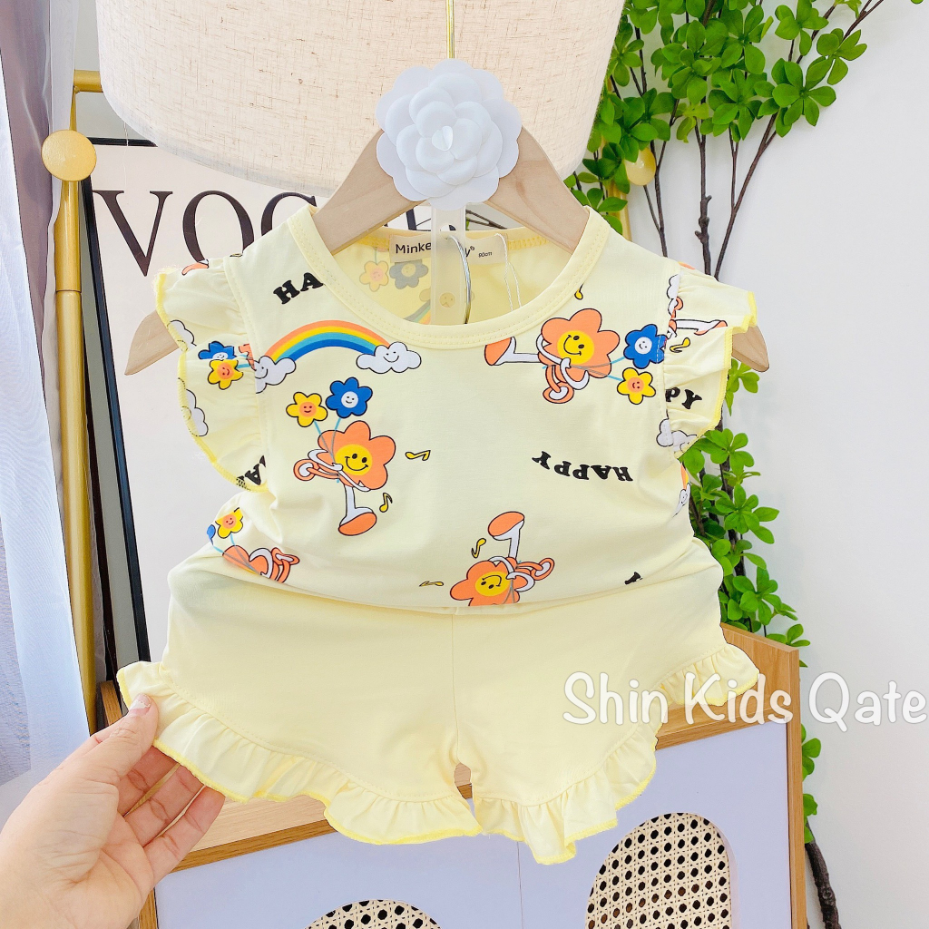 Full Size  Set Bé Gái Áo Cánh Tiên Quần Bèo Chất Cotton In Hình Siêu Xinh Dành Cho Bé