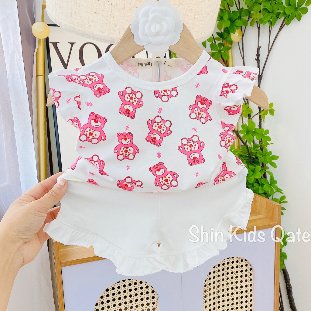 Full Size  Set Bé Gái Áo Cánh Tiên Quần Bèo Chất Cotton In Hình Siêu Xinh Dành Cho Bé