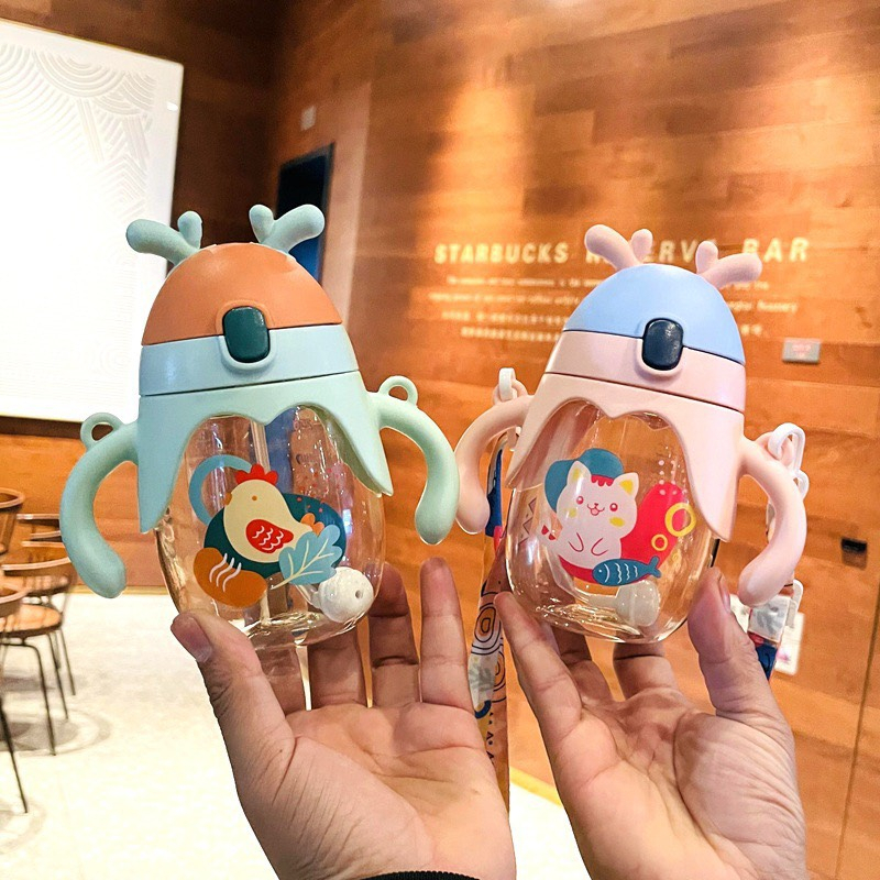 Bình tập uống nước chống sặc tai Thỏ 250ml có dây đeo cho bé