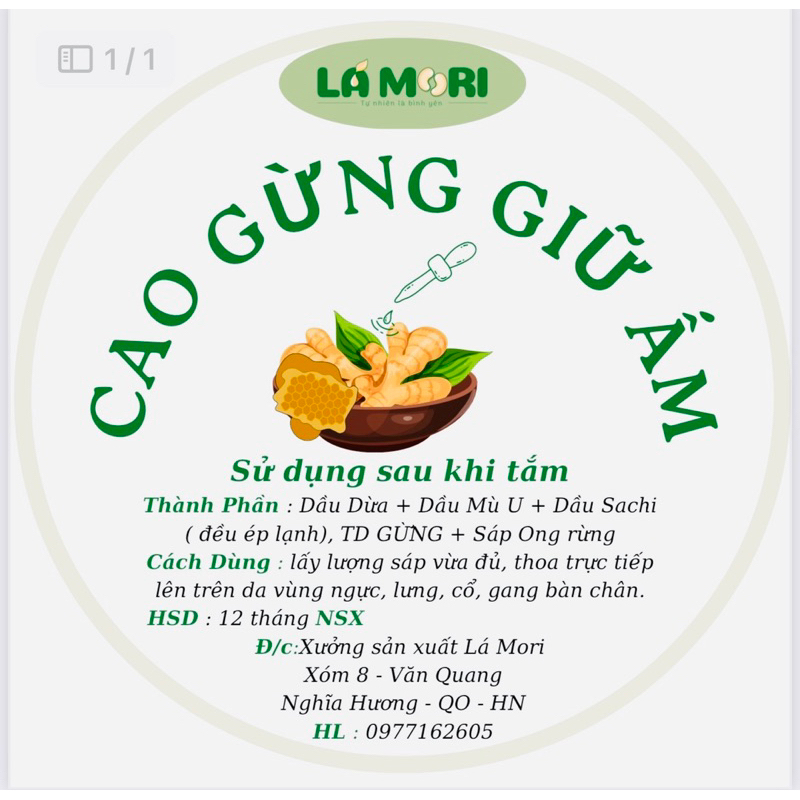 10G Cao Gừng Giữ Ấm cho em bé thiên nhiên Lá Mori