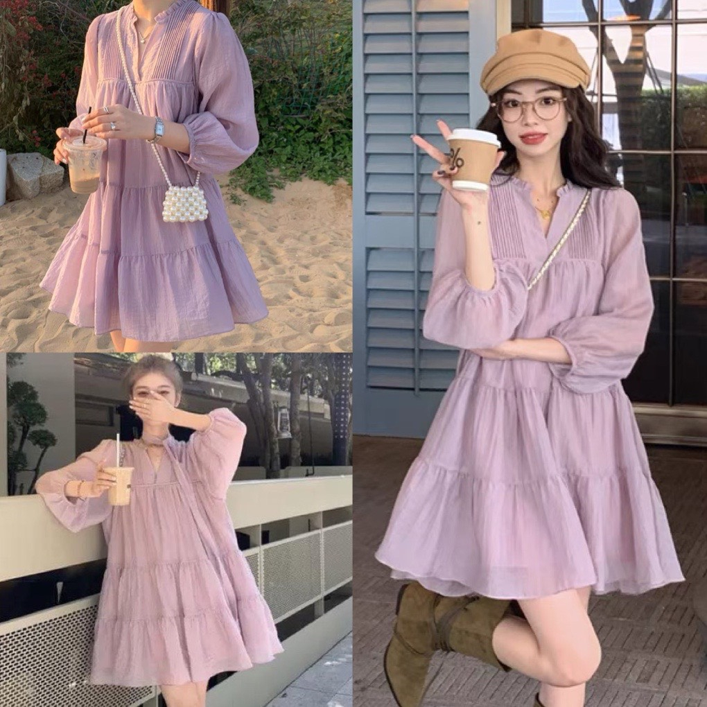Váy Babydoll tiểu thư dáng xòe dài tay chất đũi 2 lớp- đầm babydoll nữ dễ thương màu tím phong cách hàn quốc ulzzang