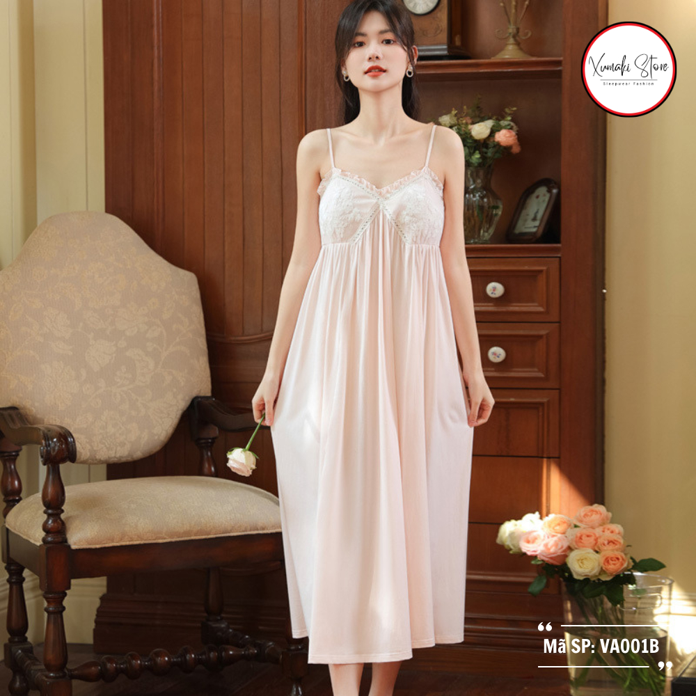 Váy ngủ 2 dây nữ họa tiết thêu ngực chất cotton cao cấp dáng dài Xumaki Store VA001B